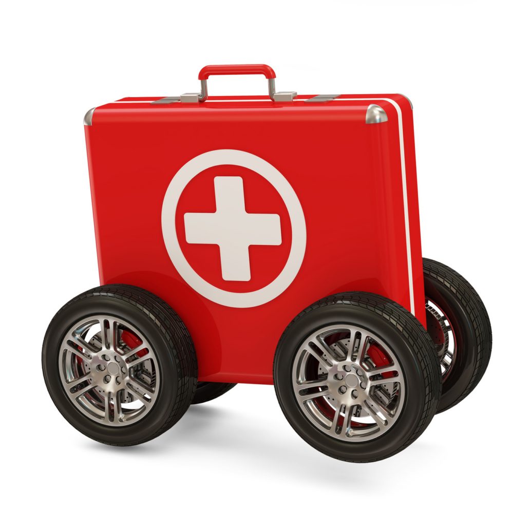 an emergency kit with wheels on it