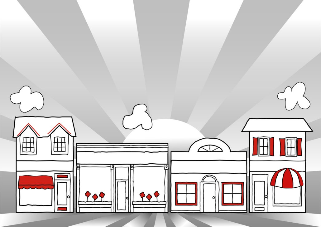 a graphic of a row of store fronts with the sun and sun rays in the background