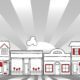 a graphic of a row of store fronts with the sun and sun rays in the background