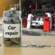 coins in a jar with a car repair shop in the background