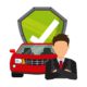 a graphic of a man in a suit with a car and shield in the background