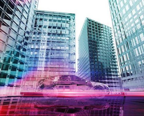 futuristic car surrounded by buildings