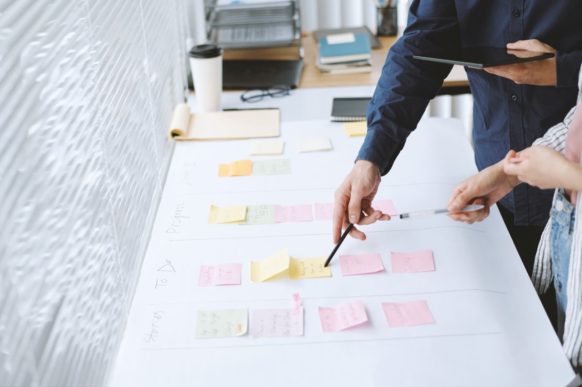 Team planning project workflow with sticky notes on whiteboard table