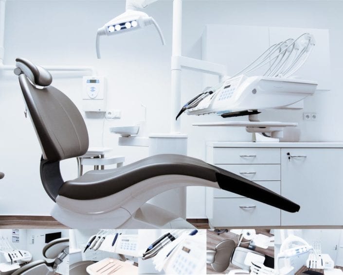 Dental Insurance Empty dental exam chair with overhead light and dental tools