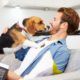 a dog climbing on top of his owner while he is reading a book