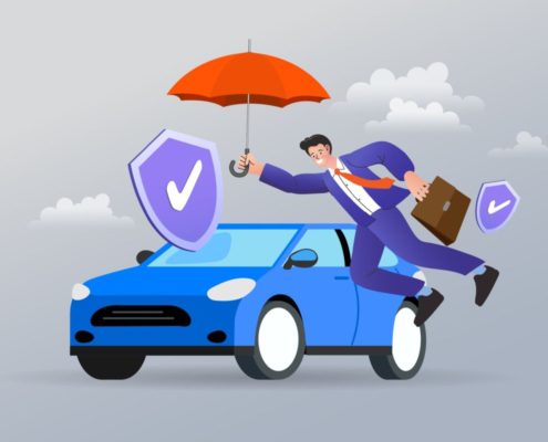 a graphic of a man putting an umbrella over his car to show car insurance