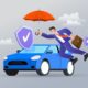 a graphic of a man putting an umbrella over his car to show car insurance